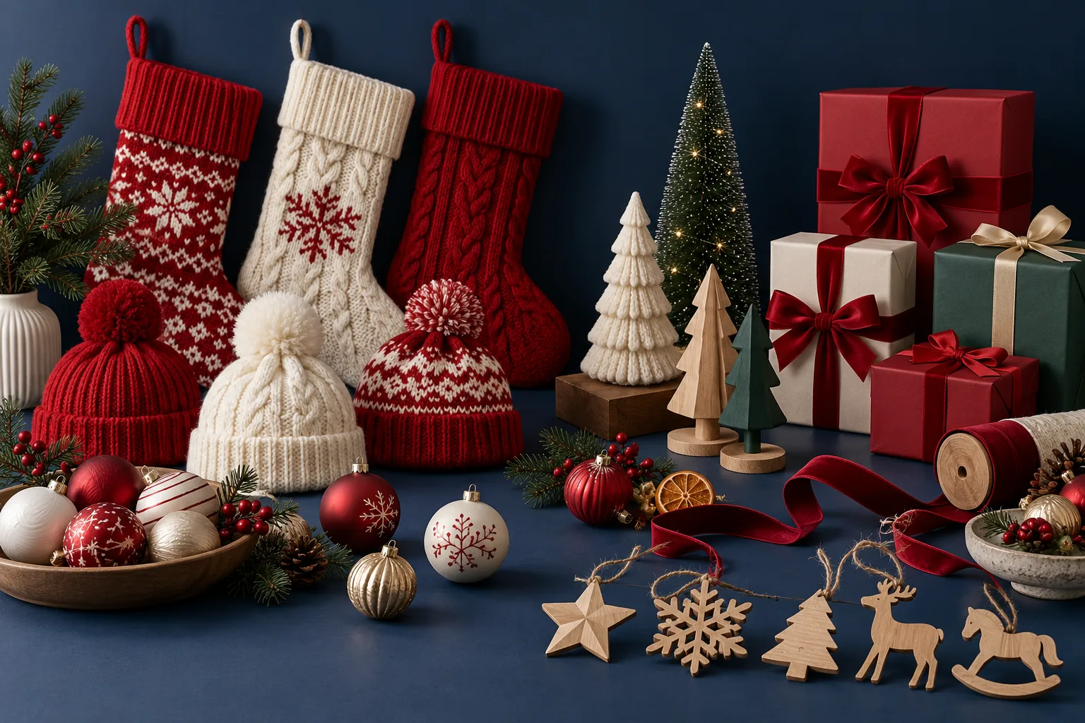 Stockings, ornaments and gift packaging on a holiday sampling table