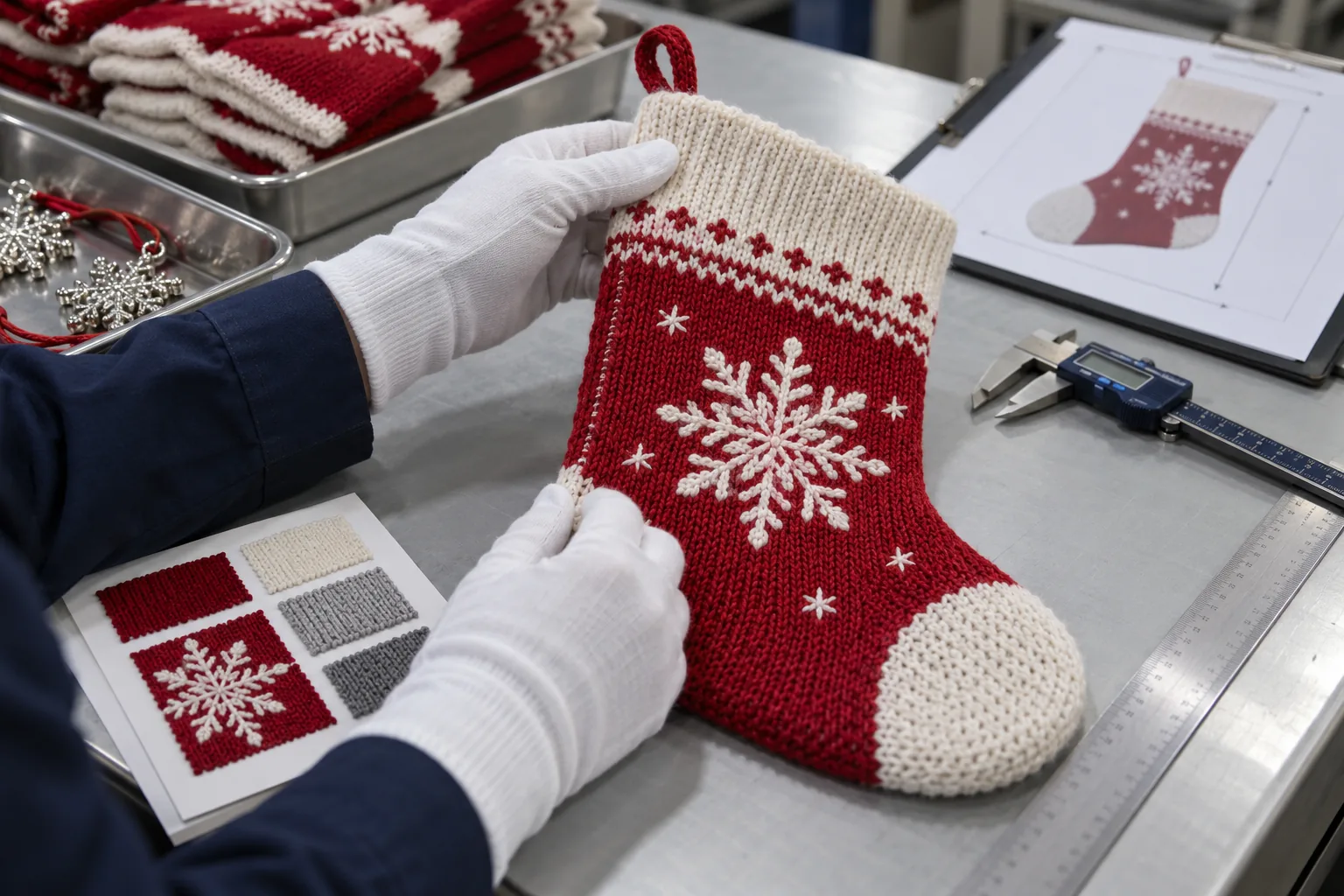 Technician inspecting holiday decoration at a quality desk